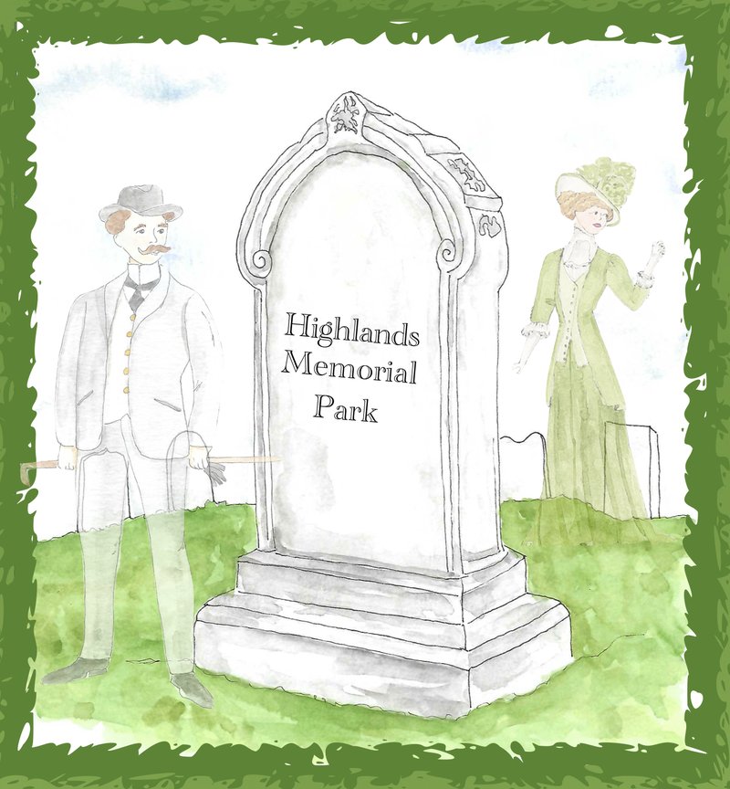 walk-in-the-park-2026-illustration image Watercolor of two ghosts beside a Highlands Memorial Park gravestone